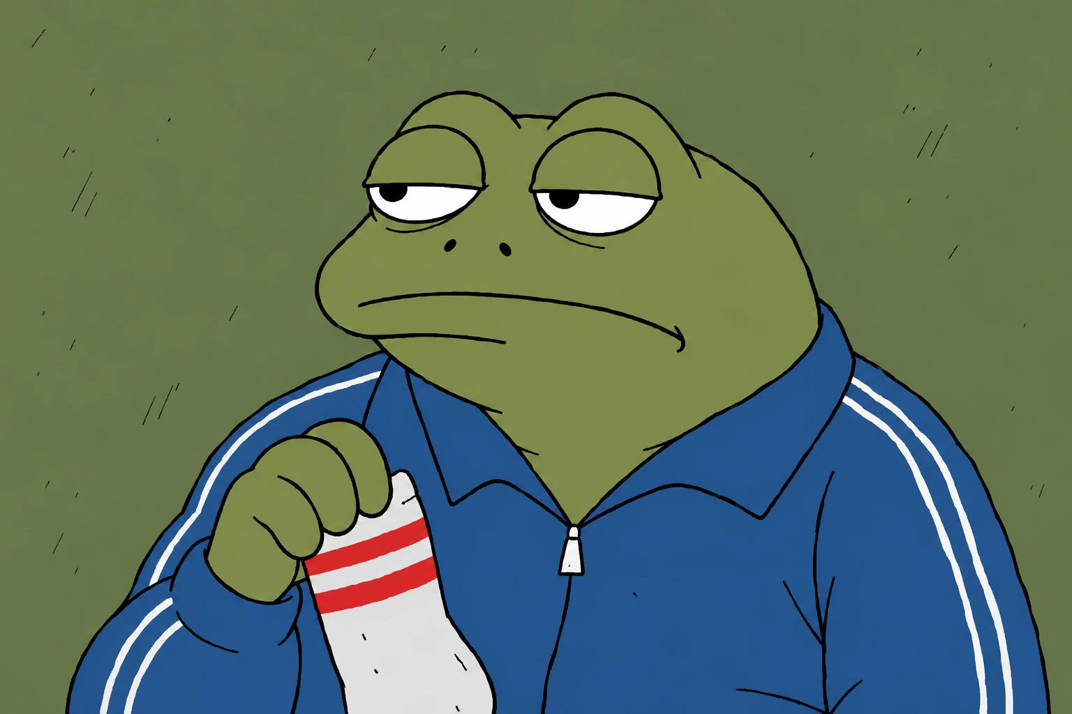 Boris, a green toad in a blue tracksuit, holding a striped sock