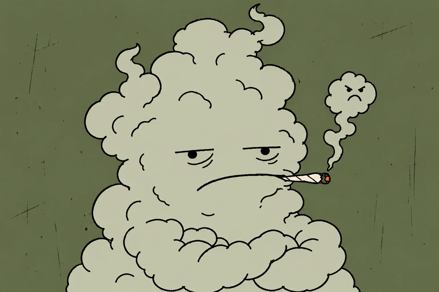 A grumpy smoke creature with folded arms and a smaller cloud